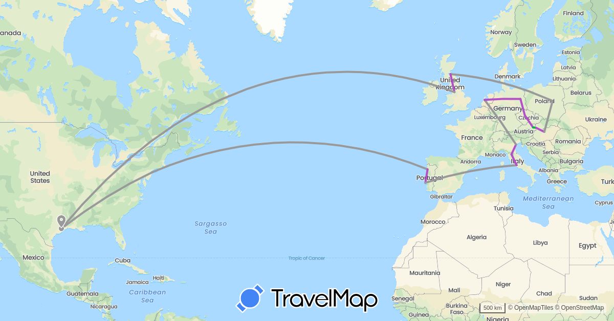 TravelMap itinerary: driving, bus, plane, train in Austria, Czech Republic, Germany, United Kingdom, Hungary, Italy, Netherlands, Poland, Portugal, Slovakia, United States (Europe, North America)