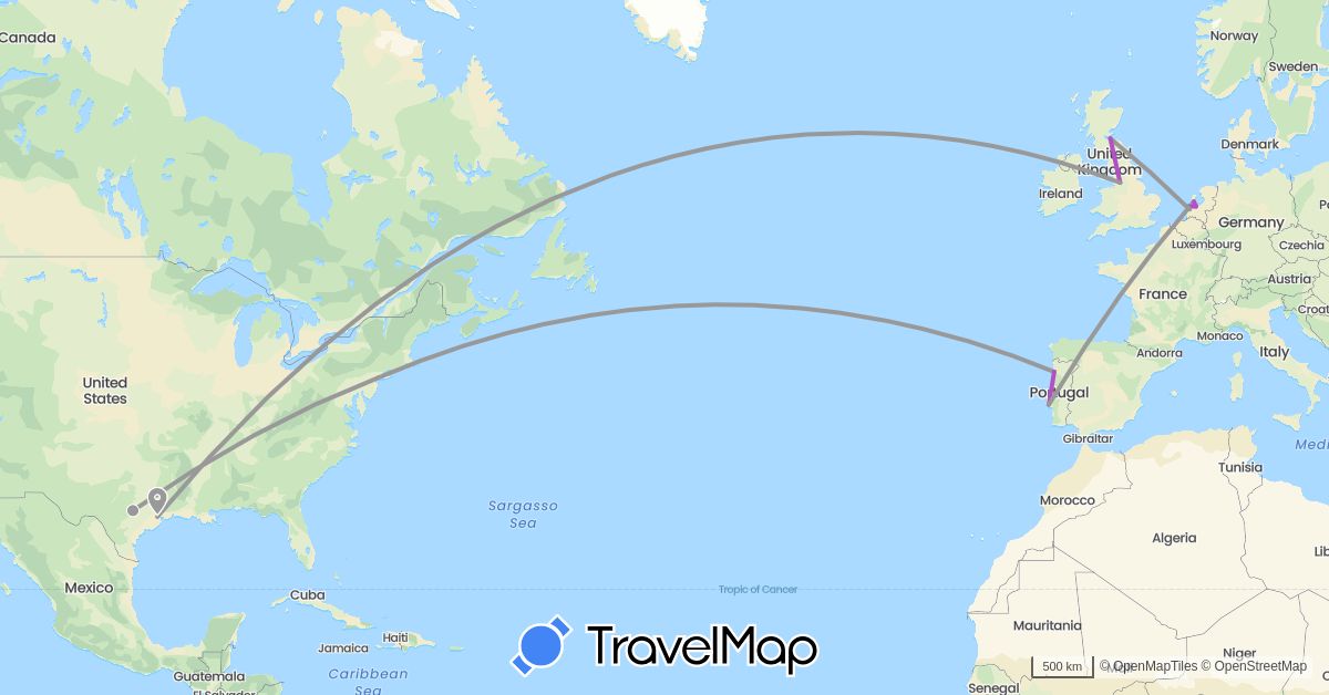 TravelMap itinerary: driving, plane, cycling, train in United Kingdom, Netherlands, Portugal, United States (Europe, North America)