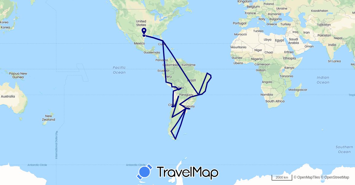 TravelMap itinerary: driving in Argentina, Bolivia, Brazil, Chile, Peru, United States, Uruguay (North America, South America)