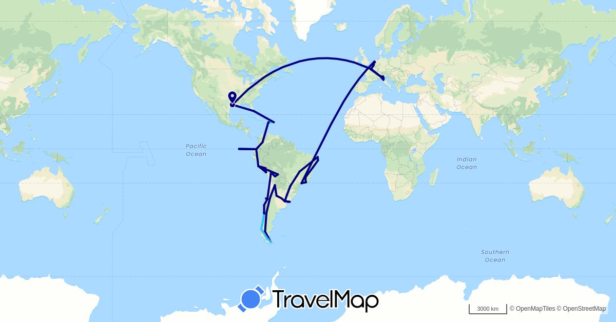 TravelMap itinerary: driving, boat in Argentina, Belgium, Bolivia, Brazil, Chile, Colombia, Dominican Republic, Ecuador, France, Italy, Netherlands, Peru, United States, Uruguay (Europe, North America, South America)