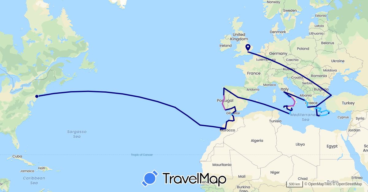 TravelMap itinerary: driving, train, boat in Spain, United Kingdom, Gibraltar, Greece, Italy, Morocco, Malta, Portugal, Turkey, United States (Africa, Asia, Europe, North America)