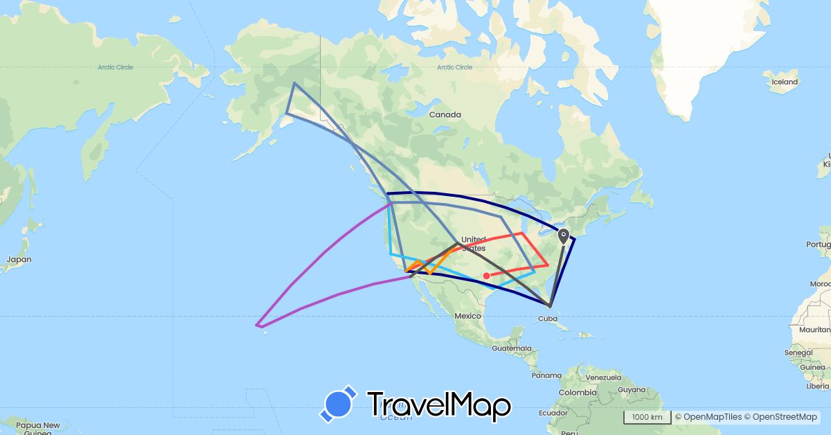 TravelMap itinerary: driving, cycling, train, hiking, boat, hitchhiking, motorbike in Canada, United States (North America)