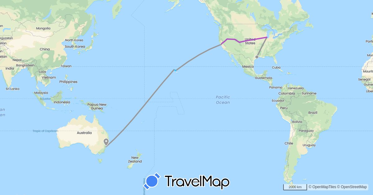 TravelMap itinerary: driving, plane, train, boat in Australia, United States (North America, Oceania)