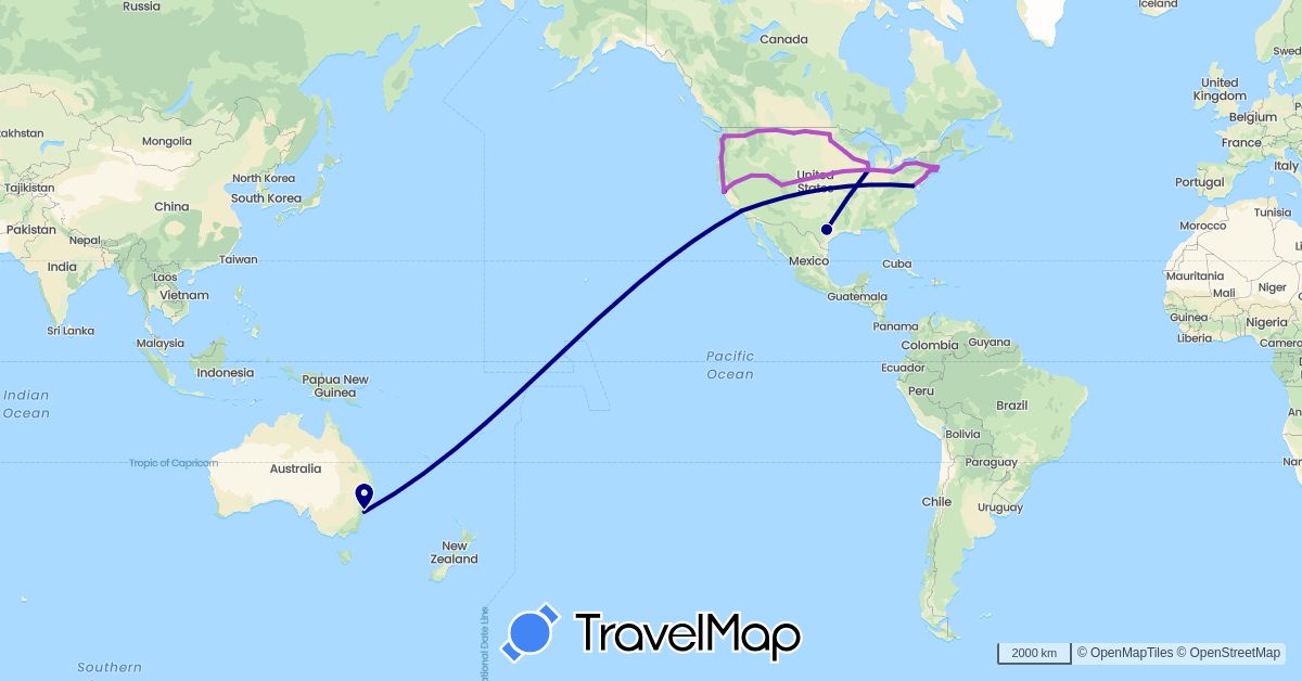 TravelMap itinerary: driving, train in Australia, United States (North America, Oceania)