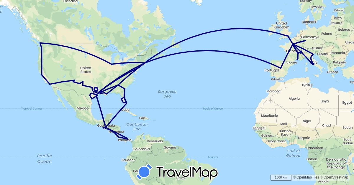 TravelMap itinerary: driving in Canada, Switzerland, Costa Rica, Germany, Spain, France, United Kingdom, Guatemala, Italy, Nicaragua, Panama, El Salvador, United States, Vatican City (Europe, North America)