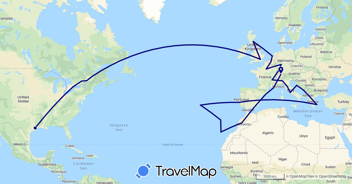 TravelMap itinerary: driving in Belgium, Canada, Switzerland, Germany, Spain, France, United Kingdom, Greece, Croatia, Italy, Morocco, Netherlands, Portugal, United States (Africa, Europe, North America)