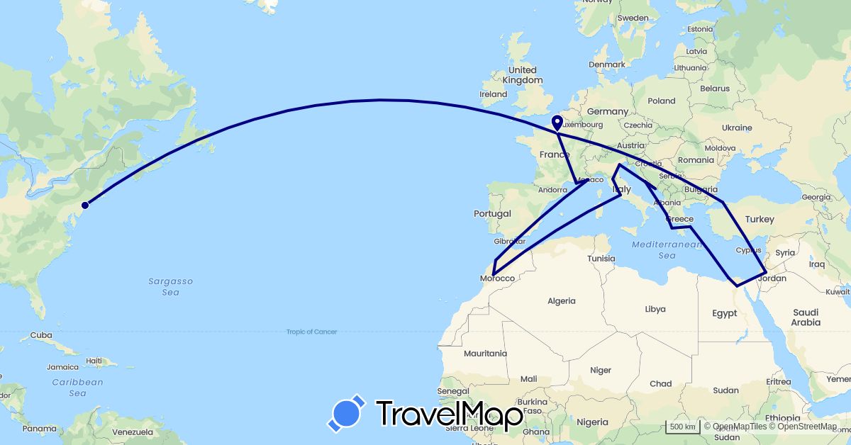 TravelMap itinerary: driving in Egypt, France, Greece, Croatia, Italy, Jordan, Morocco, Turkey, United States (Africa, Asia, Europe, North America)