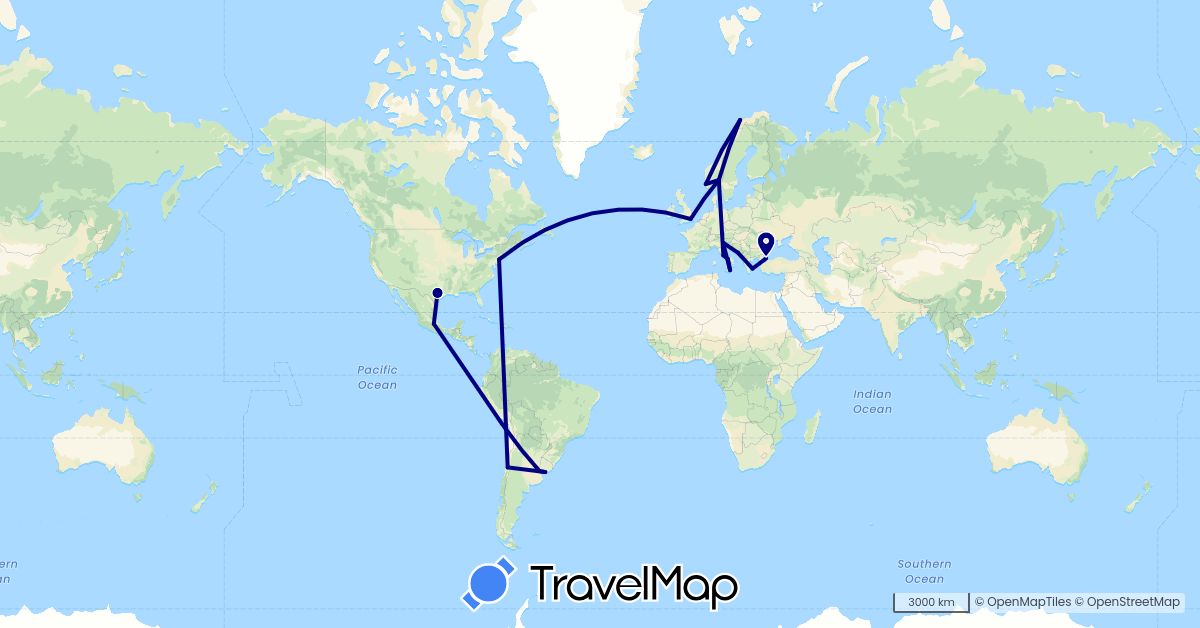 TravelMap itinerary: driving in Argentina, Chile, United Kingdom, Greece, Croatia, Italy, Mexico, Norway, Turkey, United States, Uruguay (Asia, Europe, North America, South America)