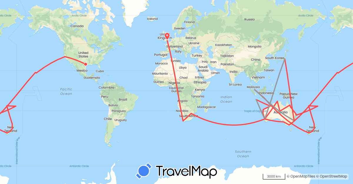 TravelMap itinerary: driving, plane, hiking in Australia, Fiji, United Kingdom, Indonesia, Japan, New Zealand, Singapore, United States, Vanuatu, South Africa (Africa, Asia, Europe, North America, Oceania)