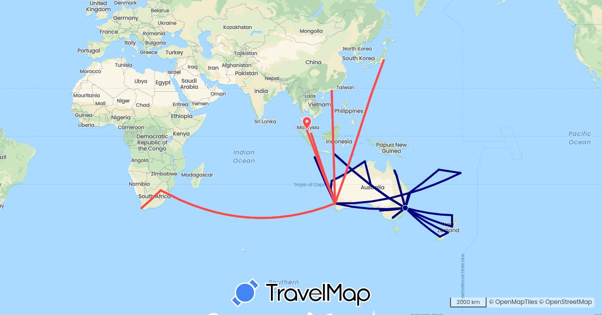 TravelMap itinerary: driving, hiking in Australia, China, Fiji, Indonesia, Japan, Malaysia, New Zealand, Singapore, Vanuatu, South Africa (Africa, Asia, Oceania)