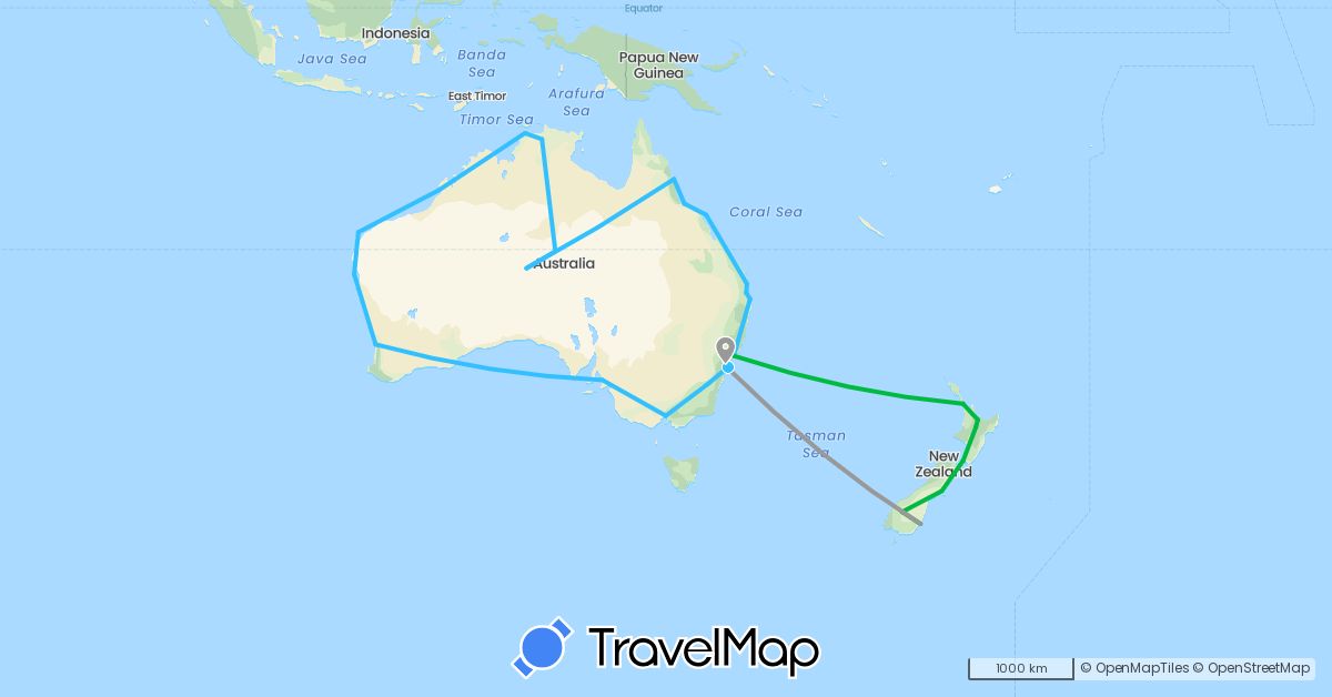 TravelMap itinerary: driving, bus, plane, boat in Australia, New Zealand (Oceania)
