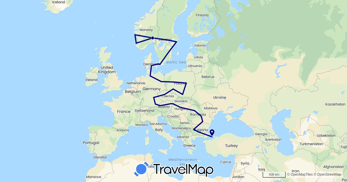 TravelMap itinerary: driving in Austria, Bulgaria, Czech Republic, Germany, Denmark, Hungary, Norway, Poland, Romania, Sweden, Slovakia, Turkey (Asia, Europe)
