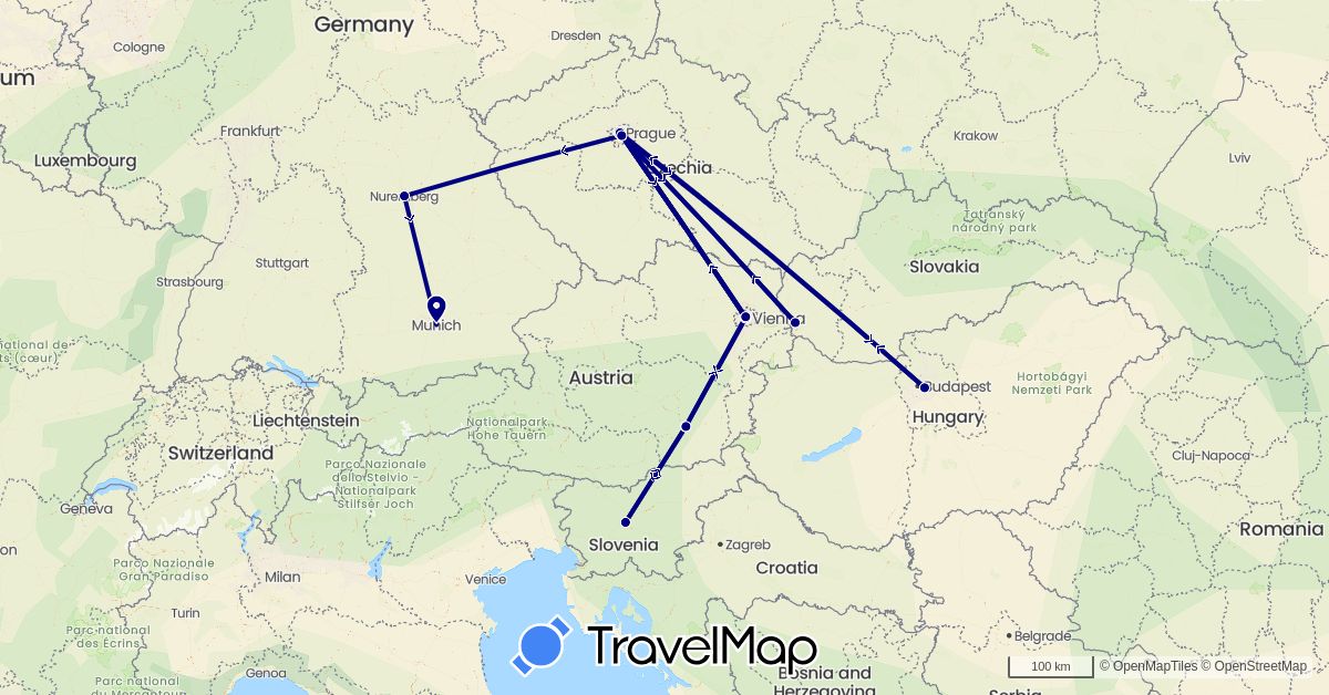 TravelMap itinerary: driving in Austria, Czech Republic, Germany, Hungary, Slovenia, Slovakia (Europe)