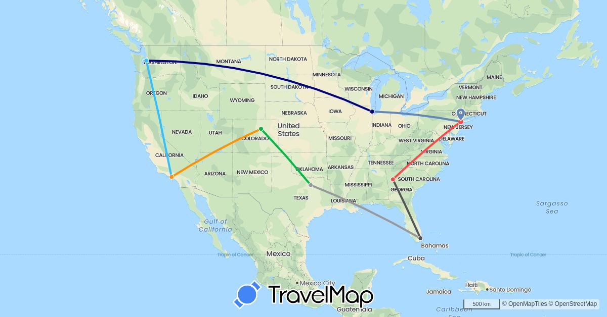 TravelMap itinerary: driving, bus, plane, cycling, hiking, boat, hitchhiking, motorbike in United States (North America)
