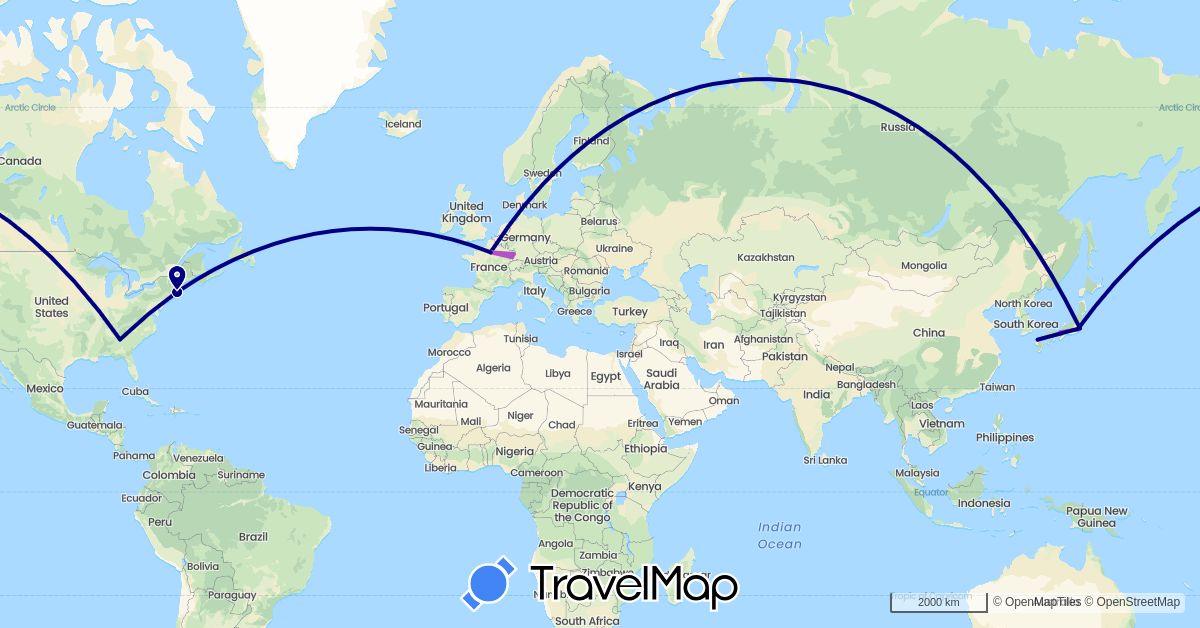TravelMap itinerary: driving, train in France, Japan, United States (Asia, Europe, North America)
