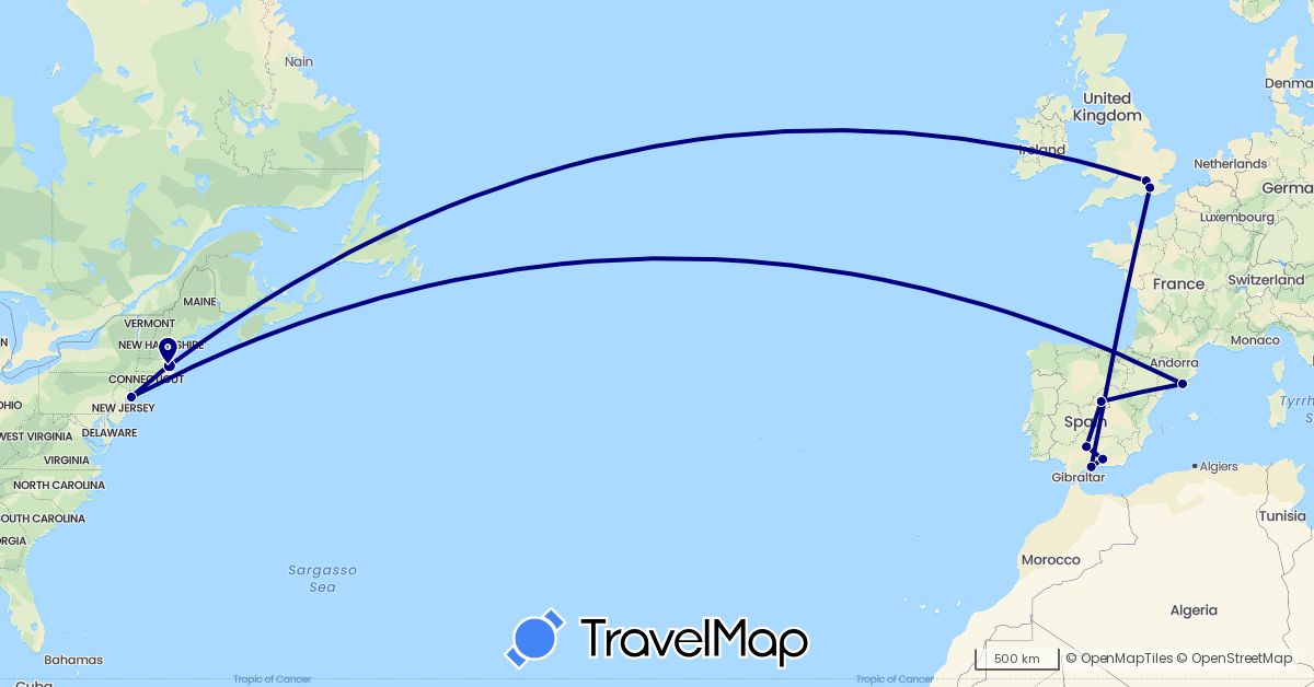 TravelMap itinerary: driving in Spain, United Kingdom, United States (Europe, North America)