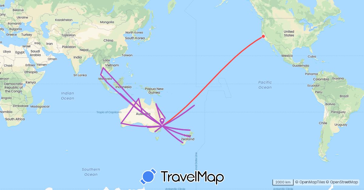 TravelMap itinerary: driving, train, hiking in Australia, Fiji, Indonesia, New Zealand, Singapore, Thailand, United States (Asia, North America, Oceania)