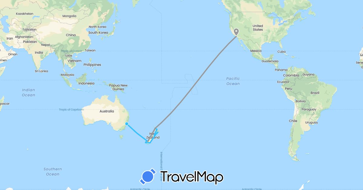 TravelMap itinerary: driving, plane, boat in Australia, New Zealand, United States (North America, Oceania)